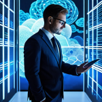 A professional expert, fully clothed in a modest business suit, observes a dynamic holographic projection showcasing interconnected data nodes and abstract cloud architecture. The setting is a modern, minimalist data center or cloud operations room, illuminated by soft, cool blue and white light. Abstract data streams flow across the scene, symbolizing efficient data management. High-resolution, professional photography, perfect anatomy, correct proportions, natural pose, well-formed hands, natural body proportions, safe for work, appropriate content, fully clothed, professional.