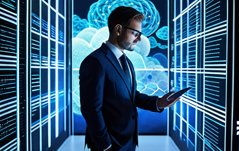 A professional expert, fully clothed in a modest business suit, observes a dynamic holographic projection showcasing interconnected data nodes and abstract cloud architecture. The setting is a modern, minimalist data center or cloud operations room, illuminated by soft, cool blue and white light. Abstract data streams flow across the scene, symbolizing efficient data management. High-resolution, professional photography, perfect anatomy, correct proportions, natural pose, well-formed hands, natural body proportions, safe for work, appropriate content, fully clothed, professional.